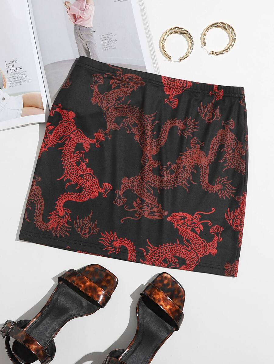 SHEIN Chinese Dragon Print Skirt - Black - View 1