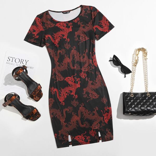 

Chinese Dragon Print Split Hem Dress, Multicolor