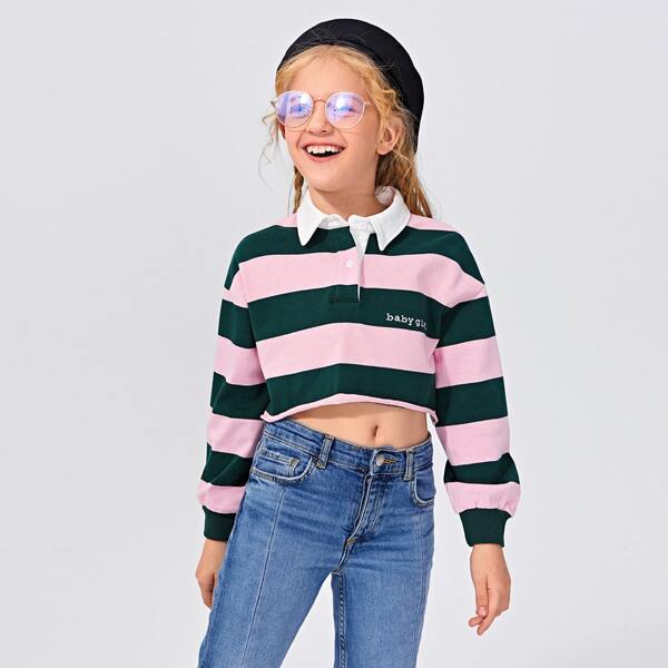 

Girls Drop Shoulder Embroidery Letter Colorblock Tee, Multicolor