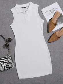 SHEIN EZwear Polo Collar Tank Bodycon Dress - White - View 1