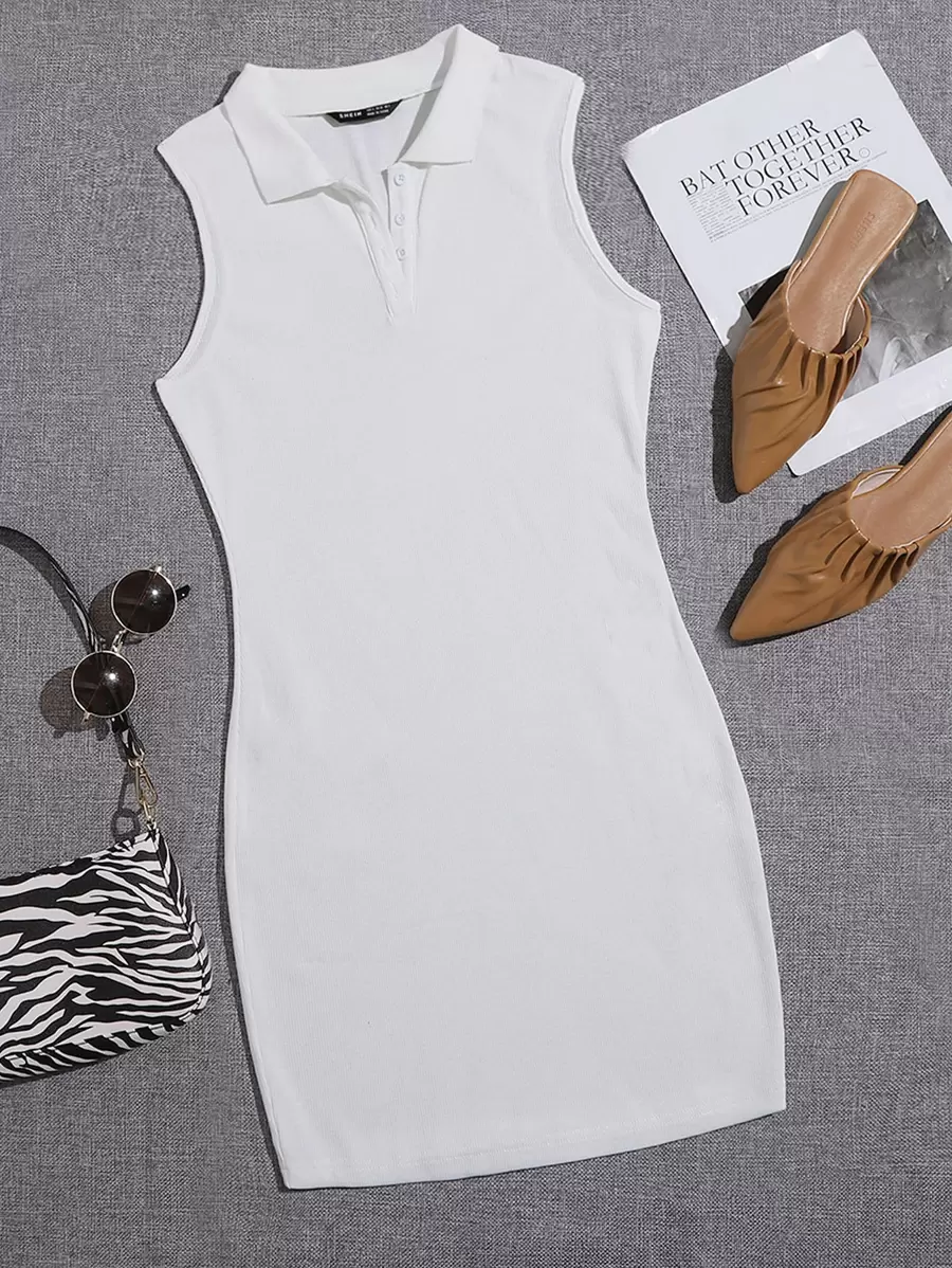 SHEIN EZwear Polo Collar Tank Bodycon Dress - White - View 1