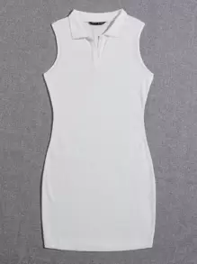 SHEIN EZwear Polo Collar Tank Bodycon Dress - White - View 4