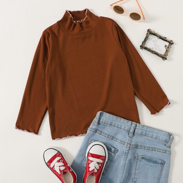 

Toddler Girls Mock Neck Lettuce Trim Tee, Brown