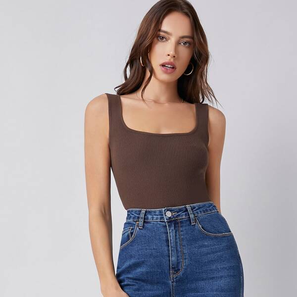 

Solid Ribbed Knit Top, Chocolate brown