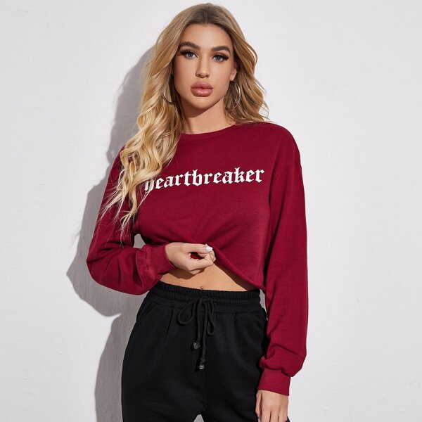 

Drop Shoulder Letter Graphic Ripped Crop Pullover, Burgundy