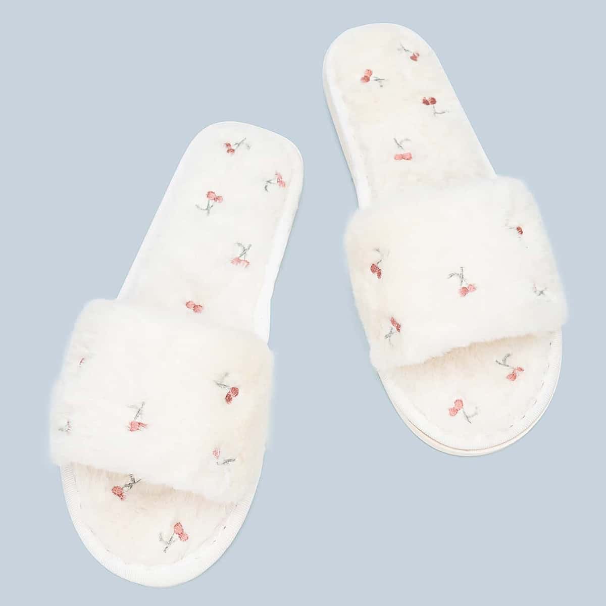 

Cherry Embroidery Fluffy Slippers, White