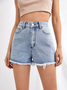 SHEIN Essnce 毛邊牛仔短褲 - 淺色水洗藍 - 查看 1