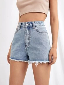 SHEIN Essnce 毛邊牛仔短褲 - 淺色水洗藍 - 查看 3