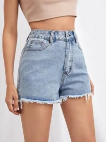 SHEIN Essnce 毛邊牛仔短褲 - 淺色水洗藍 - 查看 5