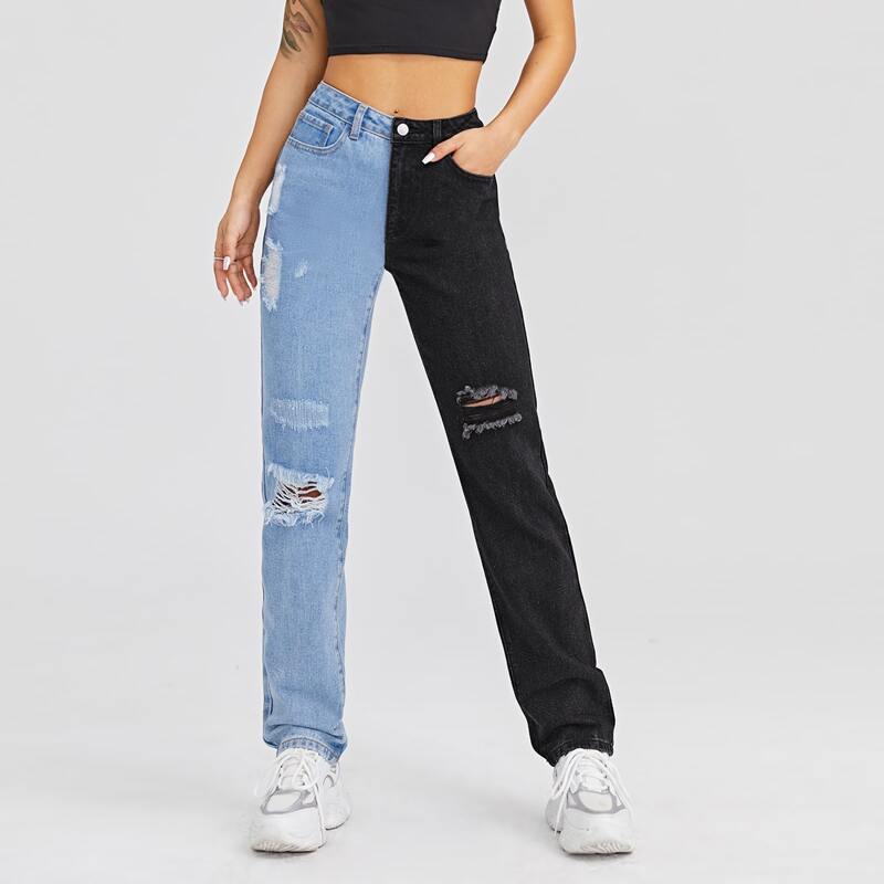 

Two Tone Ripped Straight Jeans, Multicolor
