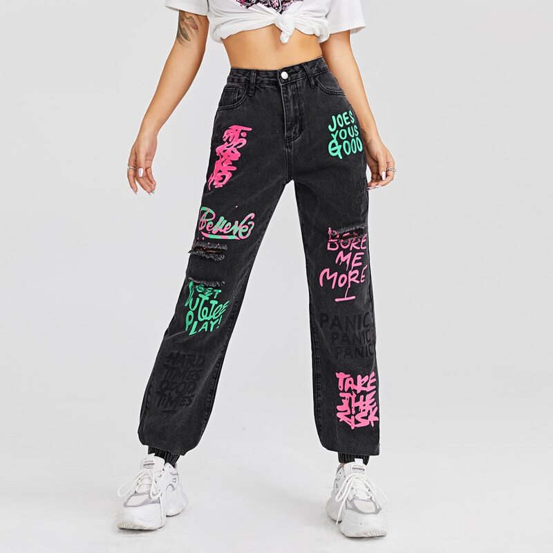 

High Waist Letter Graphic Jogger Jeans, Dark grey