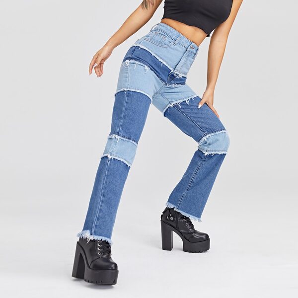 

High Waist Raw Hem Straight Leg Jeans, Medium wash