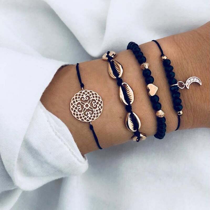 

4pcs Shell Decor Rope Bracelet, Black