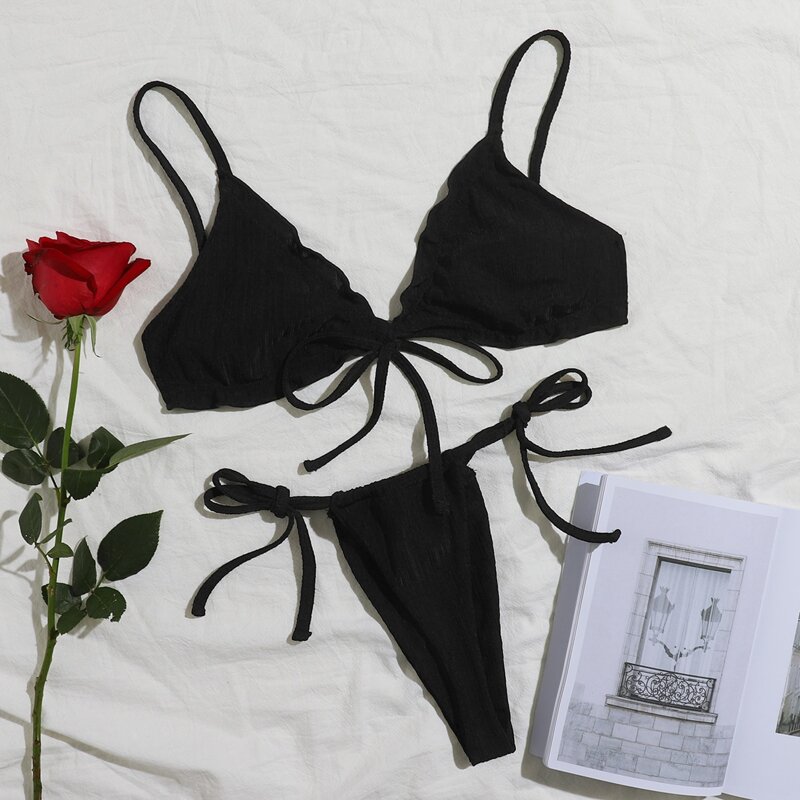 

Tie Front Thong Lingerie Set, Black