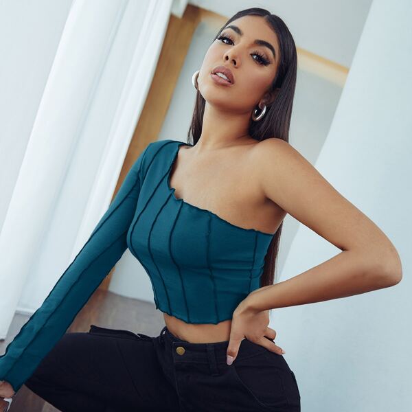 

One Shoulder Seam Front Crop Tee, Teal blue