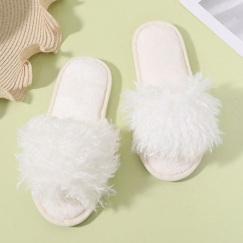 

Solid Open Toe Fluffy Slippers, White