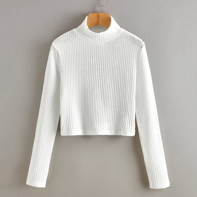 

Mock Neck Ribbed Crop Tee, White