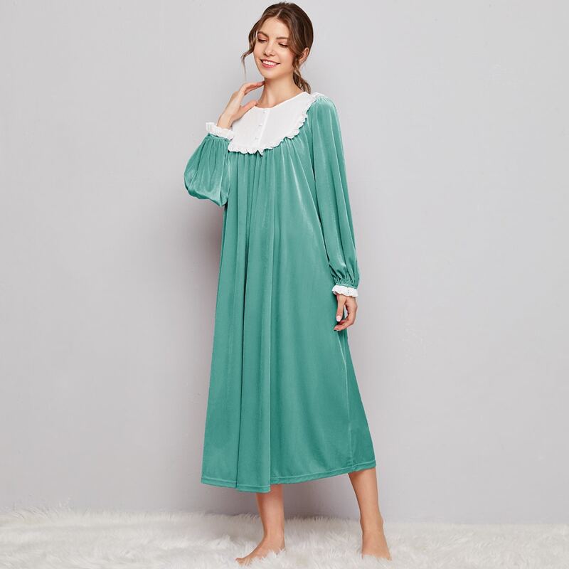 

Button Front Eyelet Embroidered Trim Velvet Nightdress, Mint green