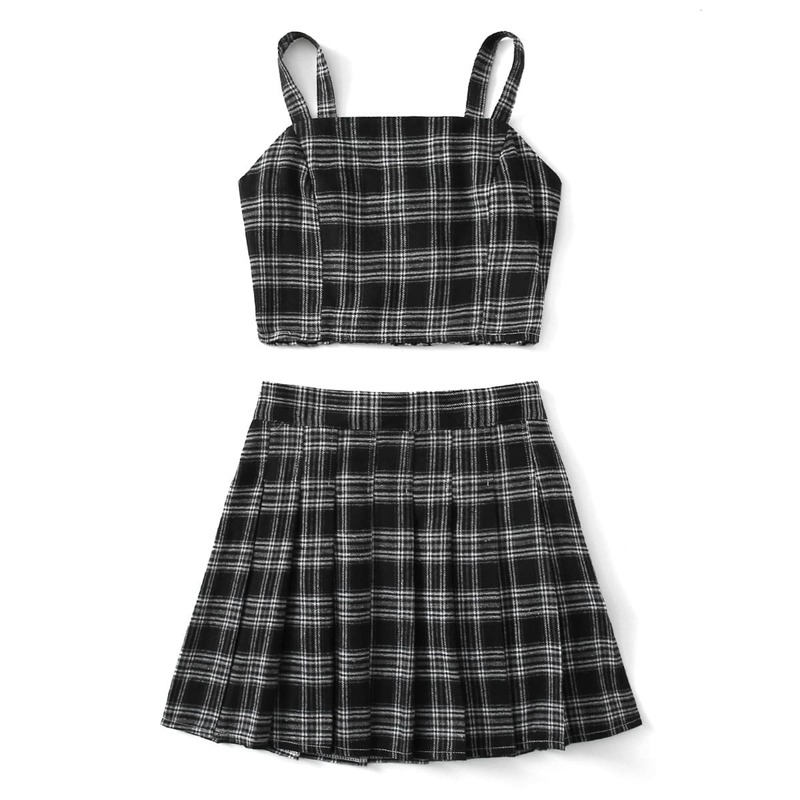

Plaid Cami & Pleated Skirt, Black