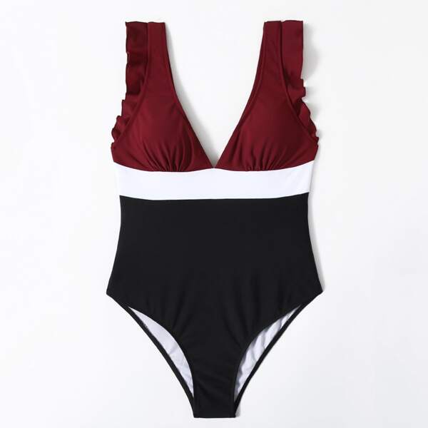 

Color Block Ruffle Trim One Piece Swimsuit, Multicolor