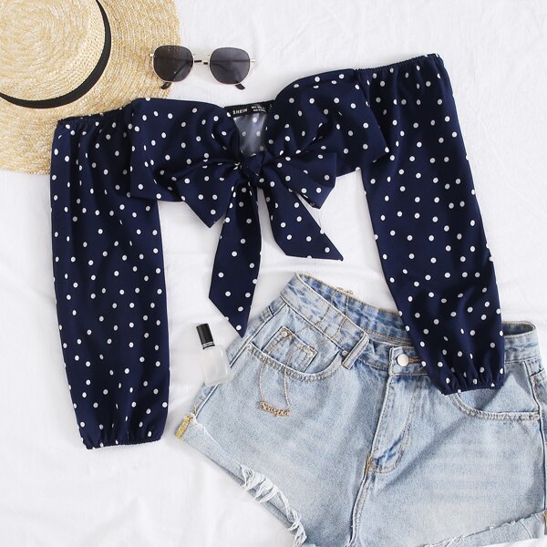 

Plus Polka Dot Tie Front Crop Top, Navy blue