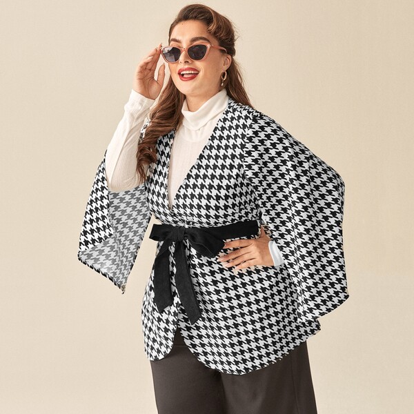 

Plus Houndstooth Cloak Sleeve Self Tie Coat, Black and white