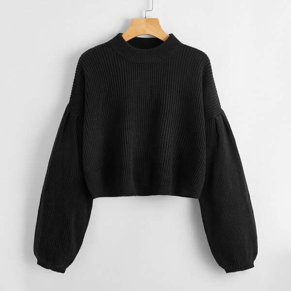 

Plus Solid Lantern Sleeve Sweater, Black