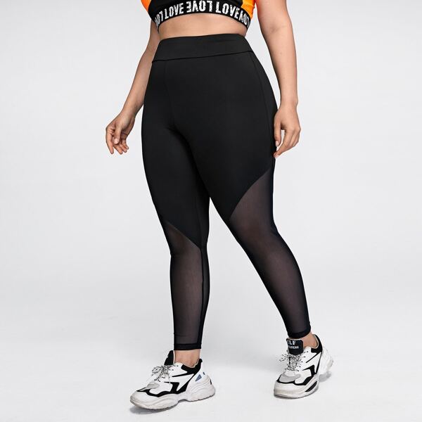 

Plus Contrast Mesh Sports Leggings, Black
