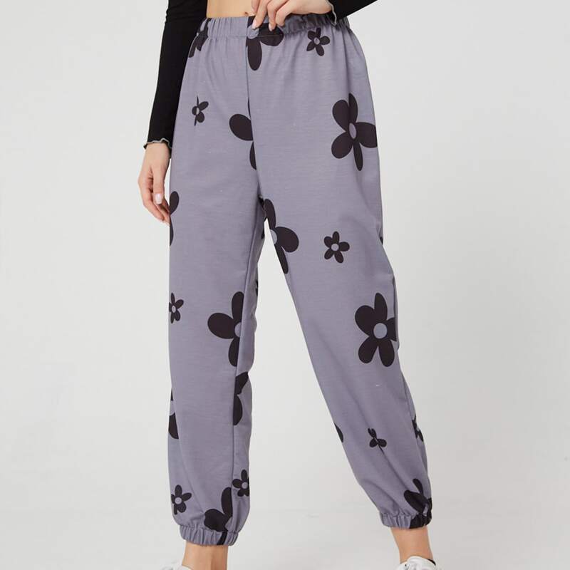 

Elastic Waist Flower Joggers, Multicolor