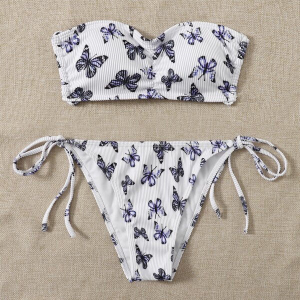 

Rib Butterfly Print Bandeau Bikini Swimsuit, White