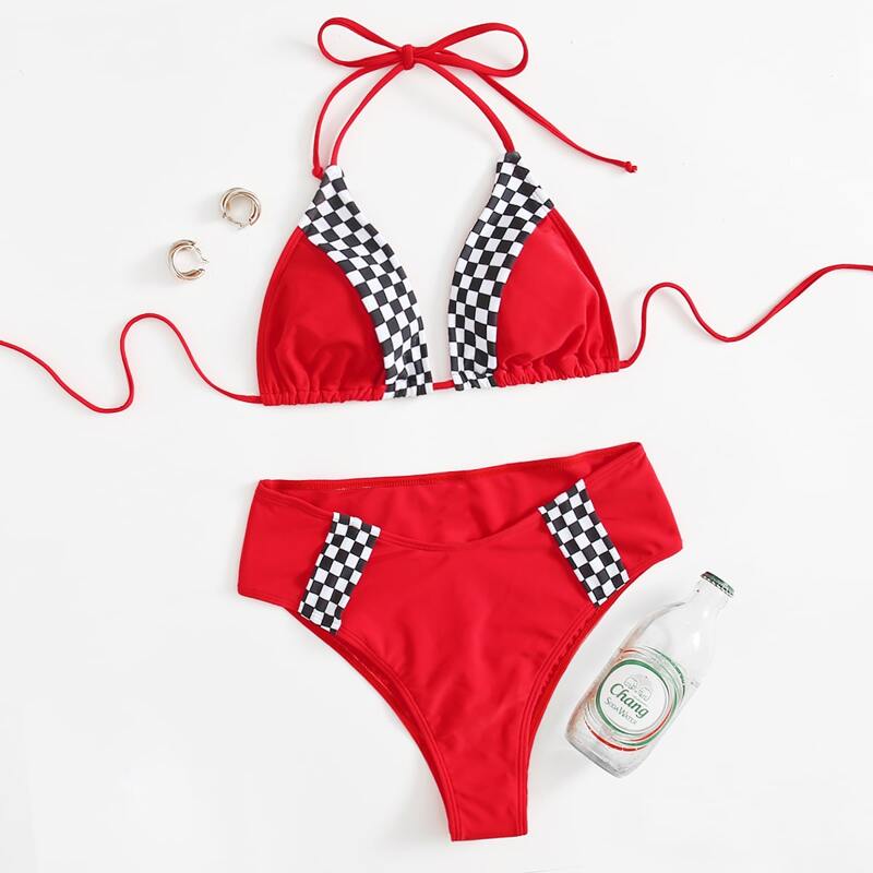 

Checker Spliced Halter Bikini Swimsuit, Multicolor