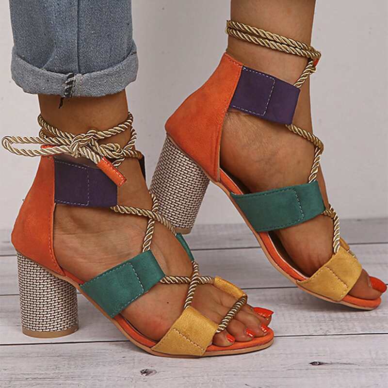 

Colorblock Lace-up Chunky Heeled Sandals, Multicolor