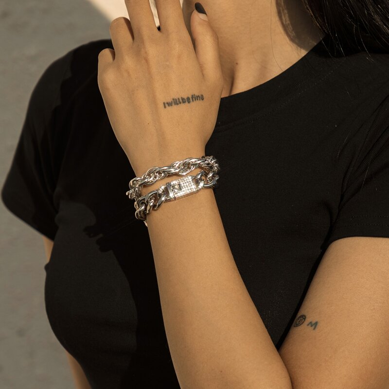 

2pcs Rhinestone Chunky Chain Bracelet, Antique silver