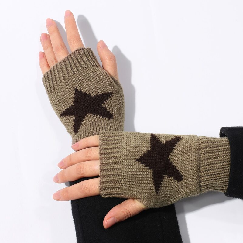 

Star Pattern Fingerless Gloves, Khaki