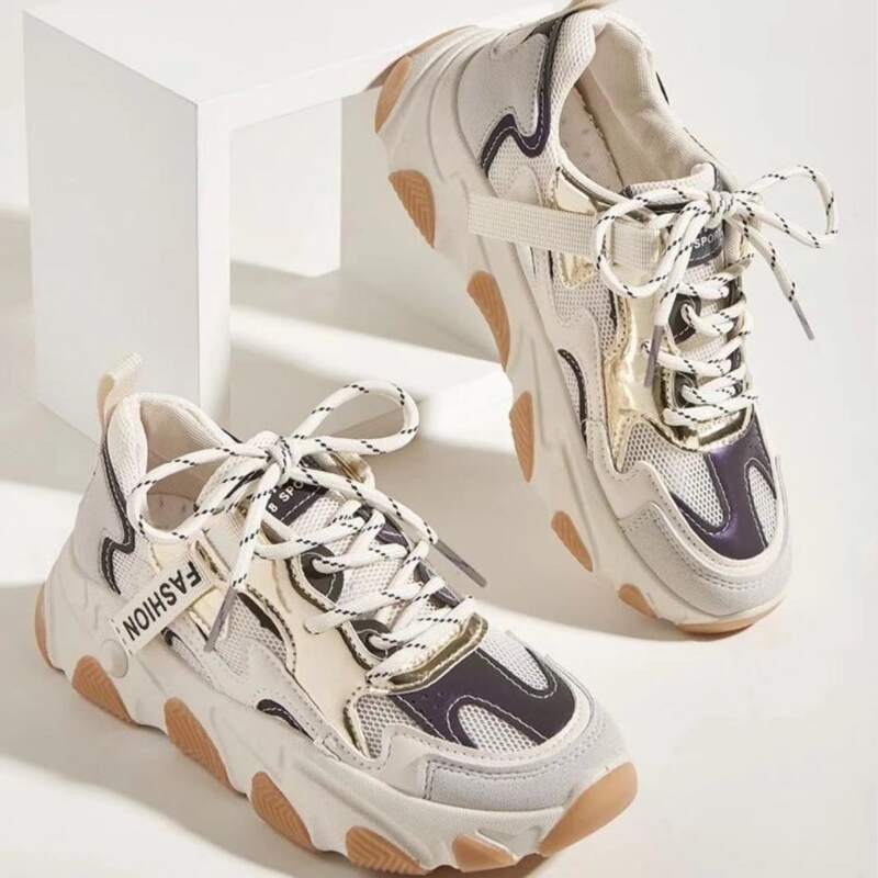 

Metallic Lace-up Chunky Sneakers, Beige