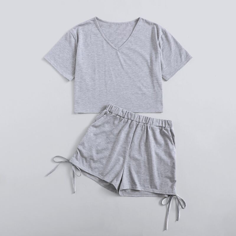 

Solid Tee & Drawstring Side Shorts, Light grey