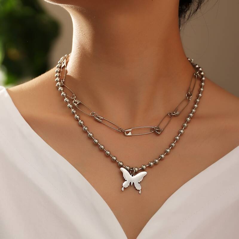 

2pcs Safety Pin & Butterfly Charm Necklace, Silver