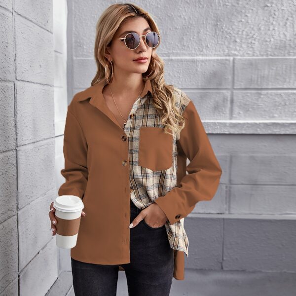 

Patch Pocket High Low Slit Hem Plaid Colorblock Blouse, Camel