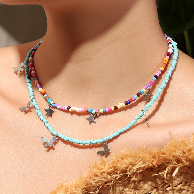 

2pcs Star Charm Beaded Necklace, Multicolor