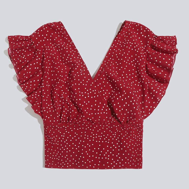 

Polka Dot Ruffle Crop Top, Red