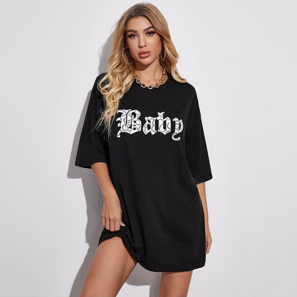 

Letter Graphic Drop Shoulder Longline Tee, Black