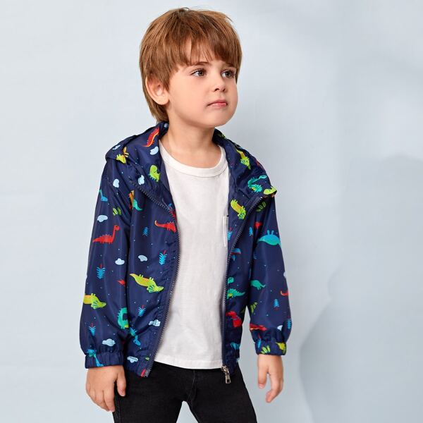 

Toddler Boys Cartoon Dinosaur Print Windbreaker Jacket, Royal blue