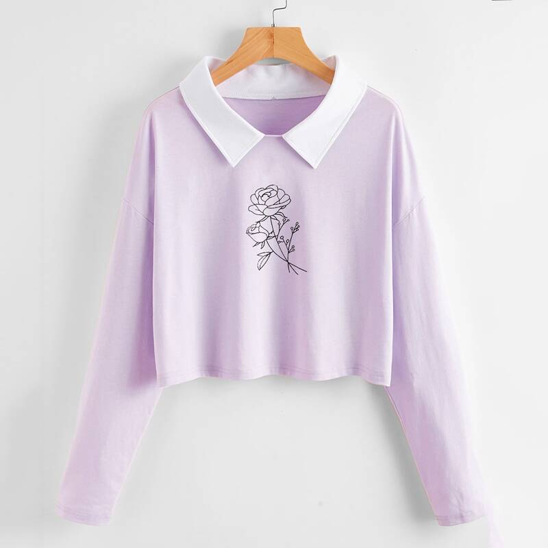 

Flower Print Contrast Collar Tee, Lilac purple