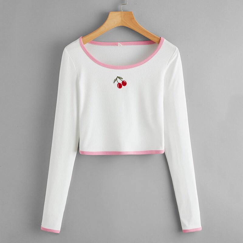

Contrast Trim Cherry Embroidery Crop Top, White