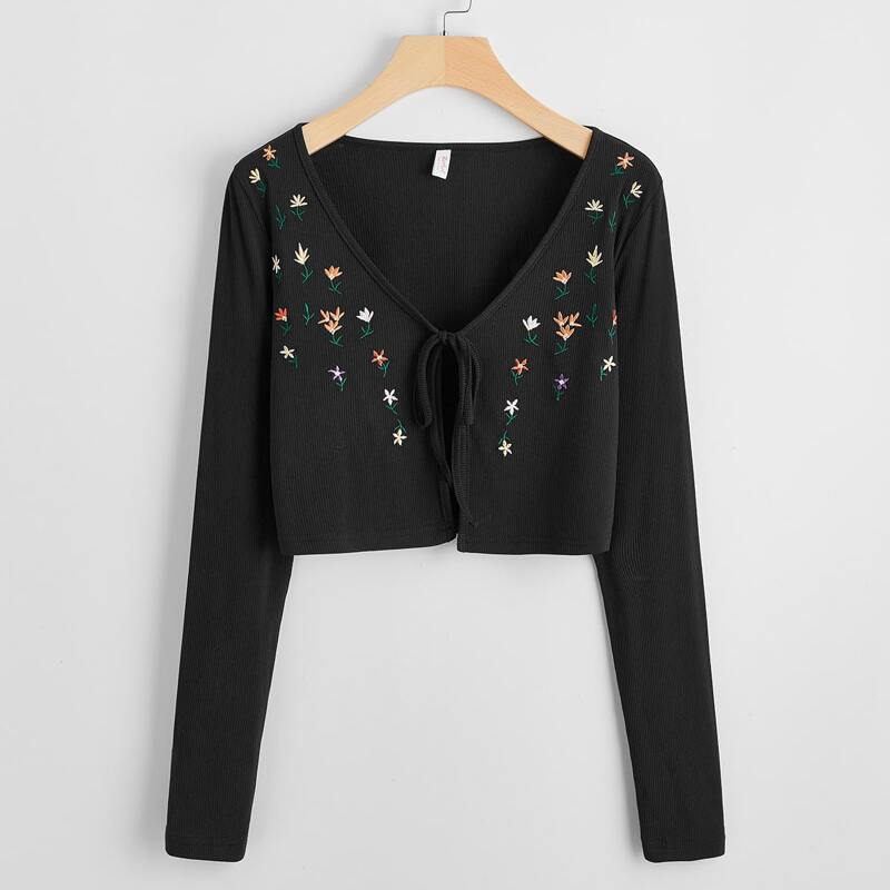 

Flower Embroidery Tie Front Crop Top, Black