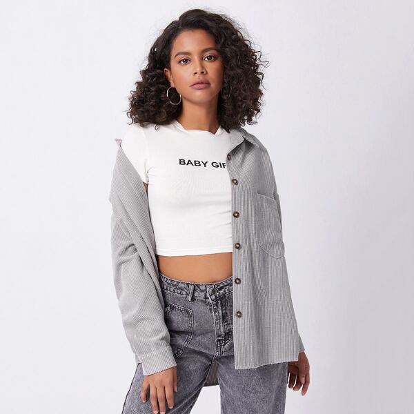 

Drop Shoulder Button Front Cord Coat, Light grey