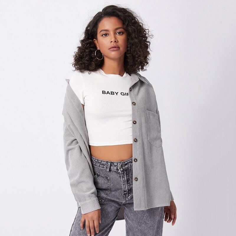 

Drop Shoulder Button Front Cord Coat, Light grey