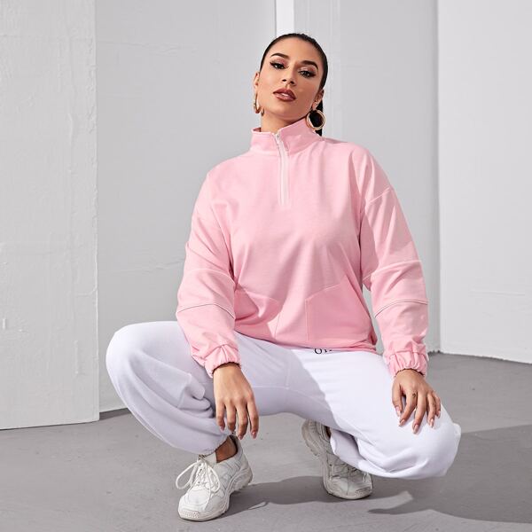 

Zip Up Drop Shoulder Reflective Striped Sweatshirt, Pastel baby pink
