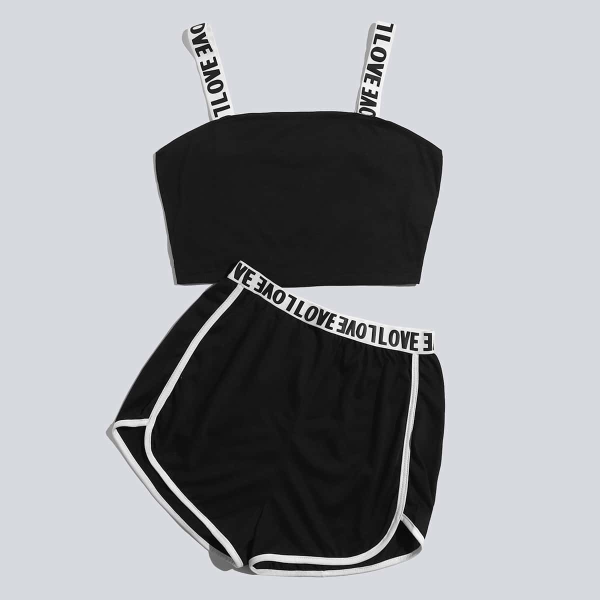 

Letter Tape Cami Top With Shorts PJ Set, Black