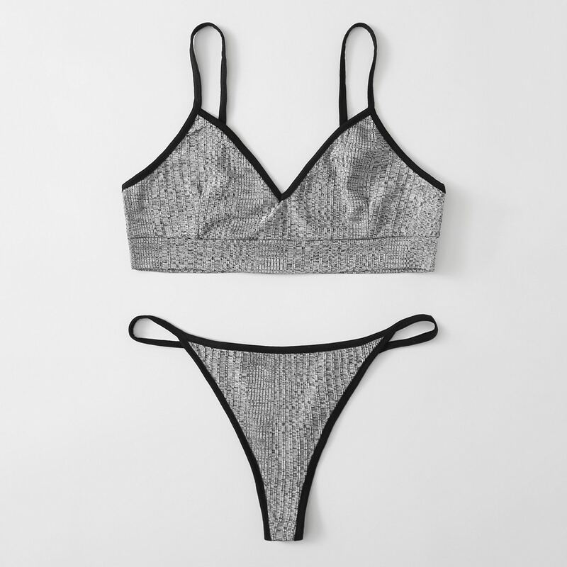 

Rib Contrast Binding Lingerie Set, Grey